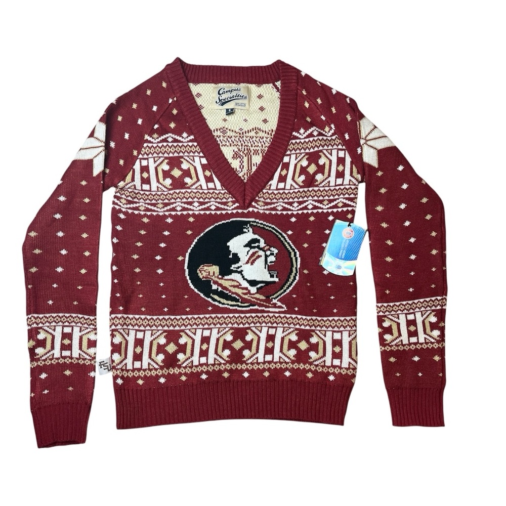 FSU Women’s V-neck Pullover Holiday Sweater Size S NWT